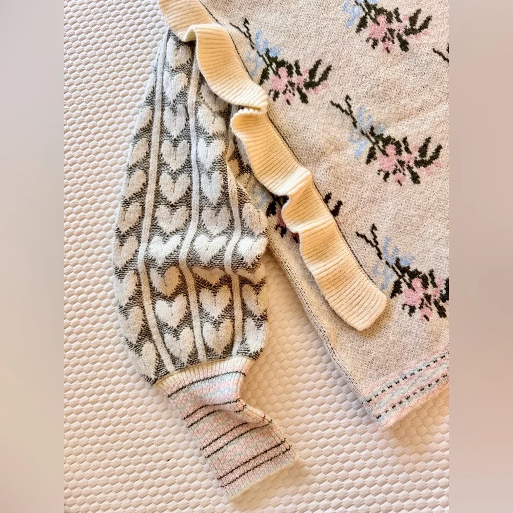 CIDER Ruffle Cream Pink Blue Knit Sweater w Balloon Sleeves like LOVESHACK FANCY